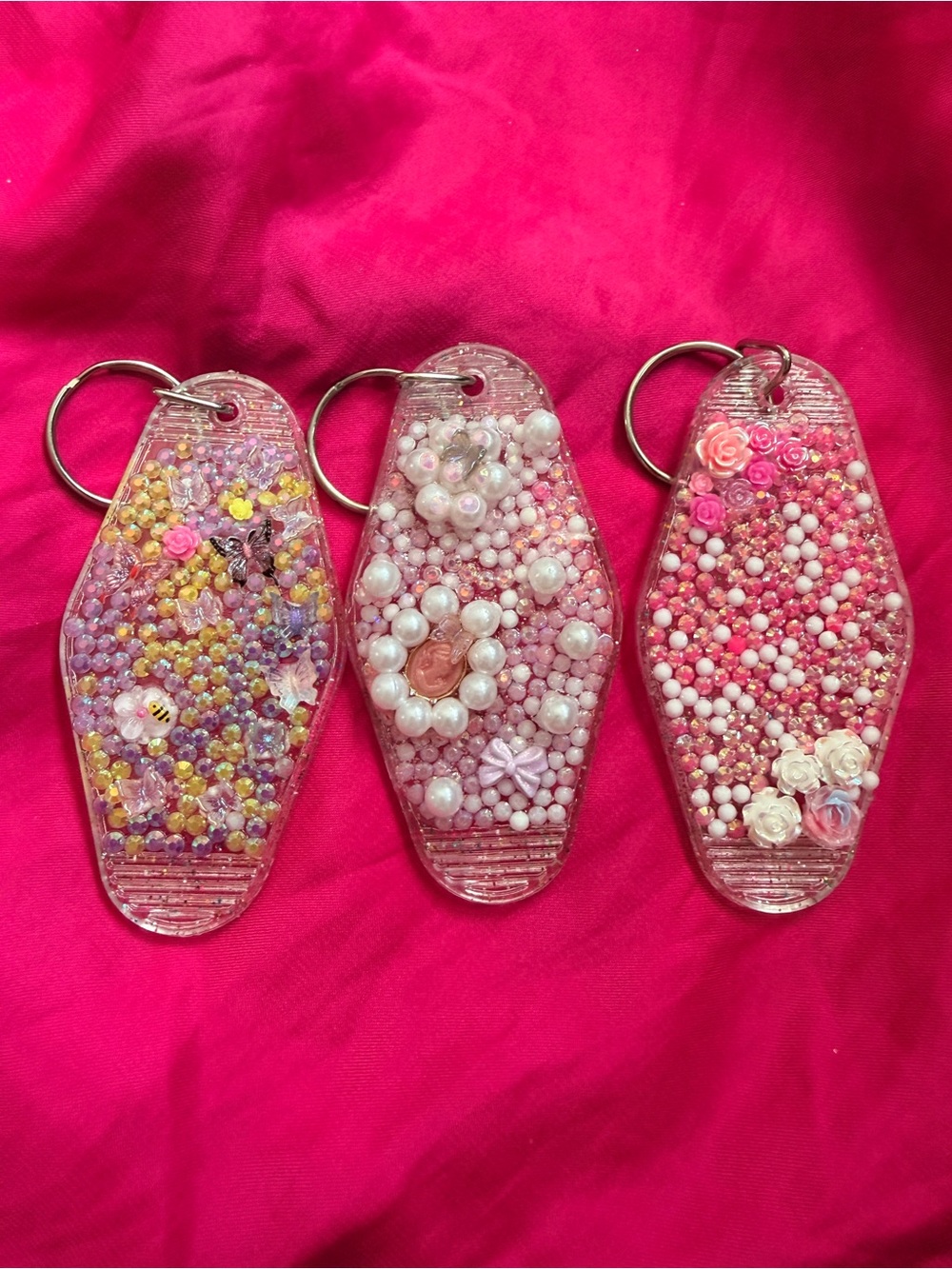 Handmade Pink Beaded Rose & Butterfly Keychain Trio